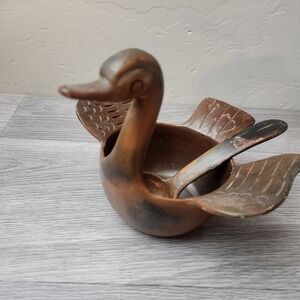 Vintage Handcrafted Metal Duck Condiment Cellar with Ladle Terracotta Folk Art